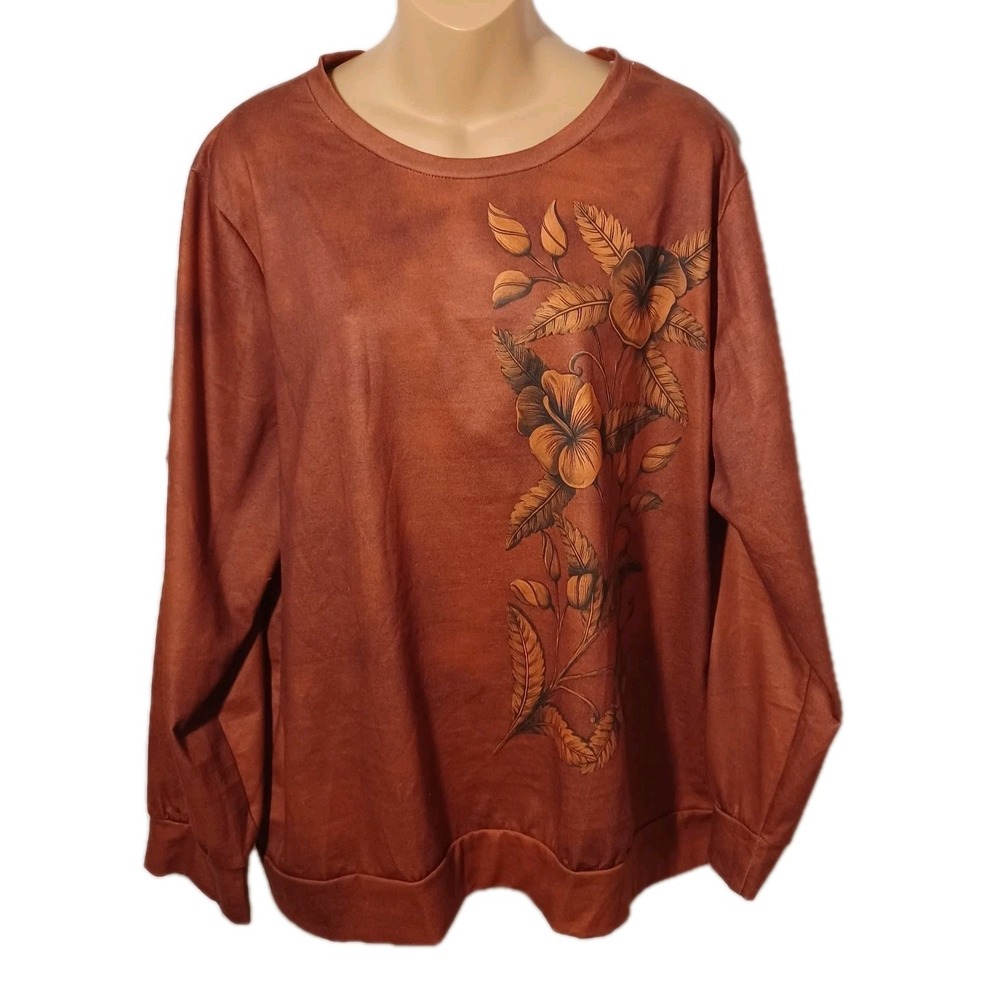 Floral Hibiscus Graphic Sweatshirt Rust Terracotta Crewneck 2XL Earthy Fall